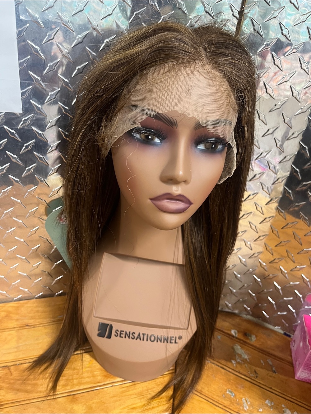 Brown Straight Lace Front Wig - Natural Brown with highlights 100% human 2 layer